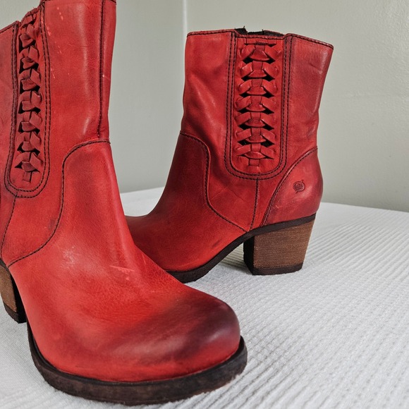 Born Shoes - Born Orosi Red Leather Booties Boots Sz 7.5 Braided Side‎ Zip Heel